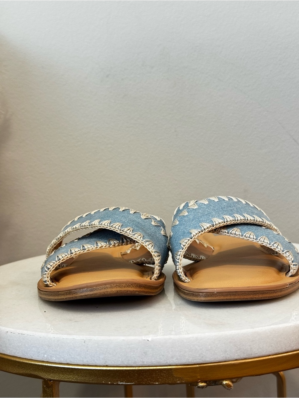 Dolce Vita Denim Crisscross Slide Sandals with Tan Footbed Sz 8 - Picture 5 of 11